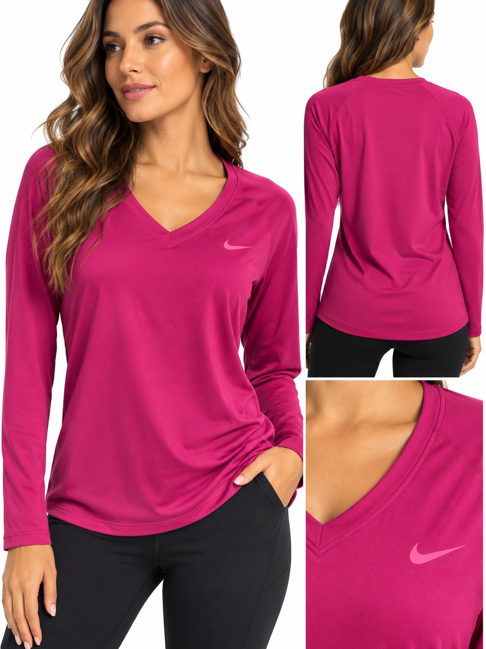 Nike Long-Sleeve V-Neck Performance Top - Magenta